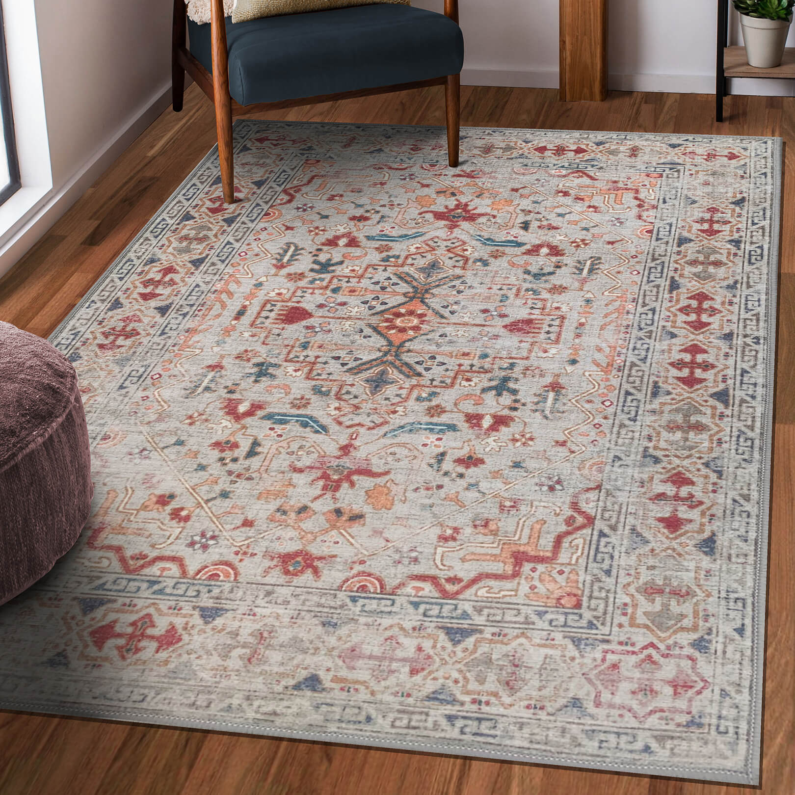 Vernal Elden Grey, Red and Blue Machine Washable Rug – Green Decore US