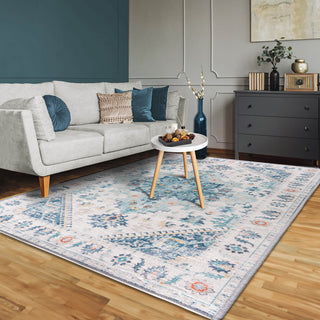 Vernal Milagros Teal, Cream and Yellow Machine Washable Rug
